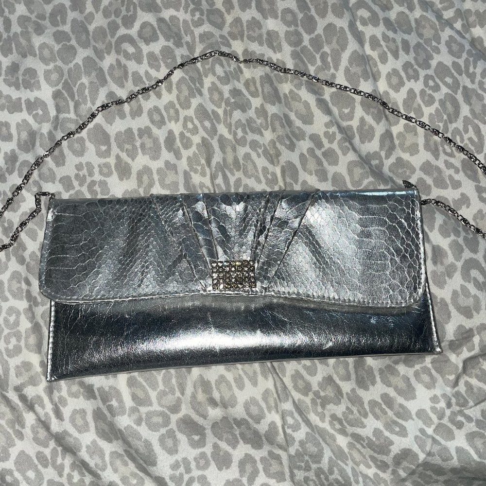 Silver Evening Purse/ Clutch with Snake Skin and Diamond Detail